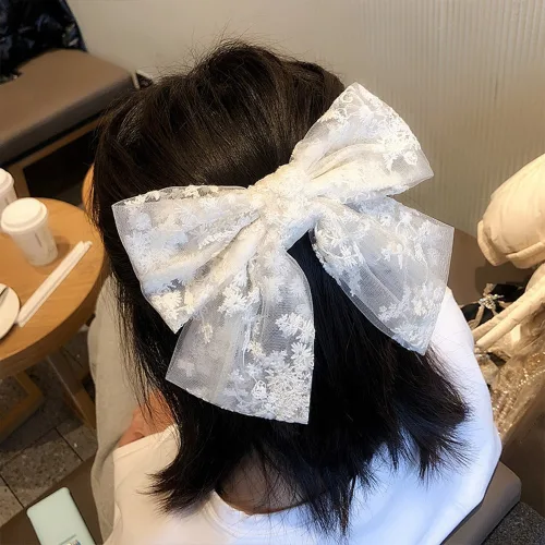 하이유니 레트로 자수 레이스 리본 자동핀 헤어핀