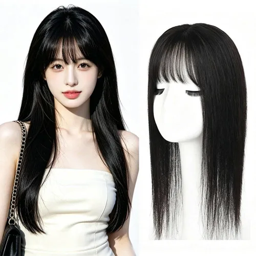 지비킹 여성 정수리 가르마 앞머리 수제 100% 인모가발 긴머리 부분가발 45cm 고급인모, 자연블랙, 1개