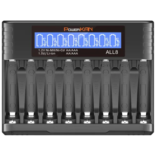 POWERKAN AA/AAA 건전지 8구충전기 1.5V 리튬이온 1.2V니켈수소 ALL8 건전지 충전 AA AAA USB-C 과충전방지 LCD표시 파워칸 배터리 충전기, 1개