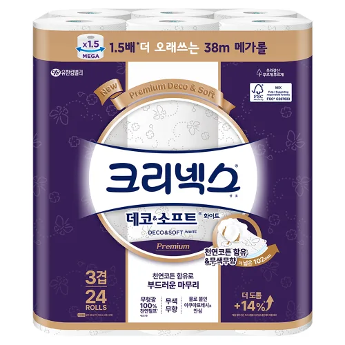 크리넥스 데코 앤 소프트 화이트 천연펄프 3겹 고급롤화장지, 38m, 24개입, 1개