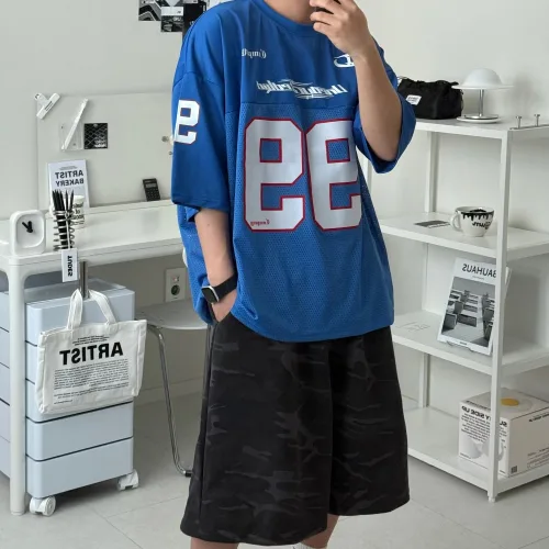 르위 블록코어 유니폼 져지 오버핏 브이넥 반팔 티셔츠 매쉬 럭비 풋볼 사커 스포티 반티 빅사이즈