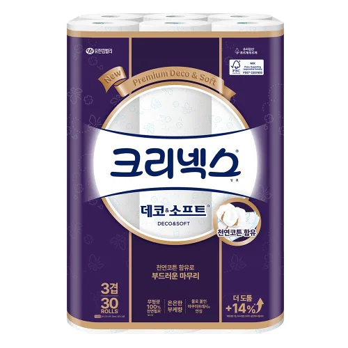 크리넥스 천연펄프 3겹 데코 앤 소프트 화장지, 27m, 30개입, 1개
