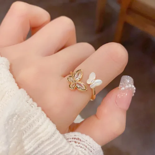 큐빅 더블 나비 오픈 링 (헤비 14K 도금 패션반지)