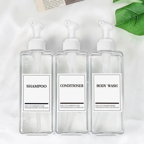 모든집 호텔 욕실 디스펜서 샴푸통 800ml+방수라벨 3구 세트, 1세트, 욕실세트_800ml(투명용기+백색펌프+영문3종)