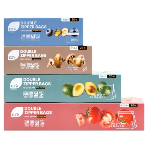 EZn이지엔 프리미엄 더블지퍼백 소형 30p + 중형 25p + 대형 20p + 특대형 20p 세트, 혼합, 1세트, 95개입