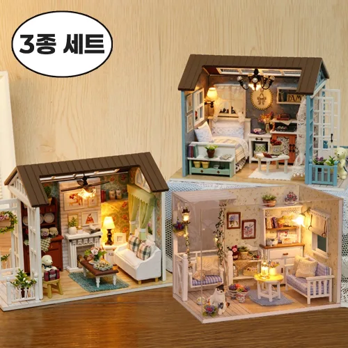 [5시건 당일배송] 1+1+1 FOOI DIY 미니어처 하우스 만들기 키트 강아지+고양이 l 감성 인테리어 소품 LED 무드등 3종 세트, 꽃물주는강아지+여행강아지+고양이집, 1세트