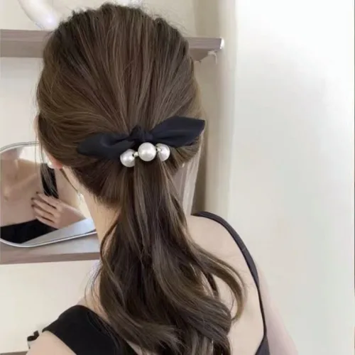 우아한 와이어 리본 머리 끈 진주 곱창 올림 밴드 테일 스크런치 헤어슈슈 띠 악세사리