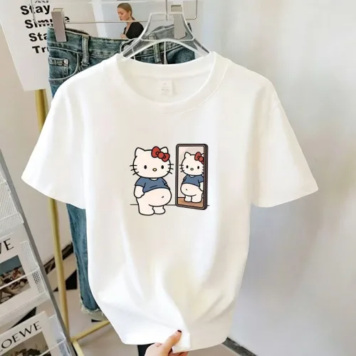 FONOW 반팔면티 순면 100% 여성티셔츠 루즈핏 반팔티셔츠 빅사이즈 패션여성티셔츠 편안 통기 여름 캐주얼 라운드티 캐릭터 귀여운 뱃살 고양이 프린트 디자인 빅사이즈여성쇼핑몰