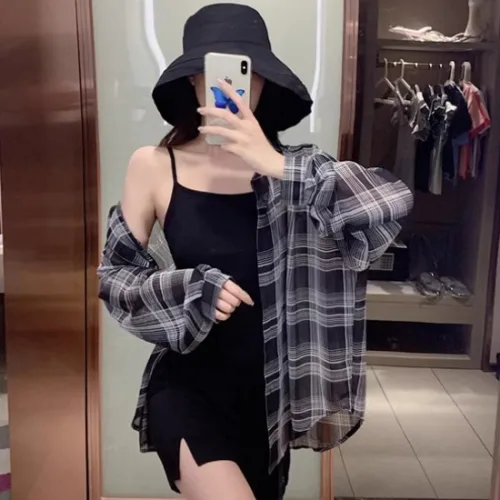 루엔나 여성용 빅사이즈 남방 체크 셔츠 긴팔 블라우스