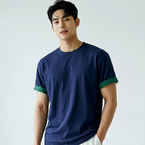맨즈건 남성용 펠리 라운드넥 소매 배색 반팔티 10354