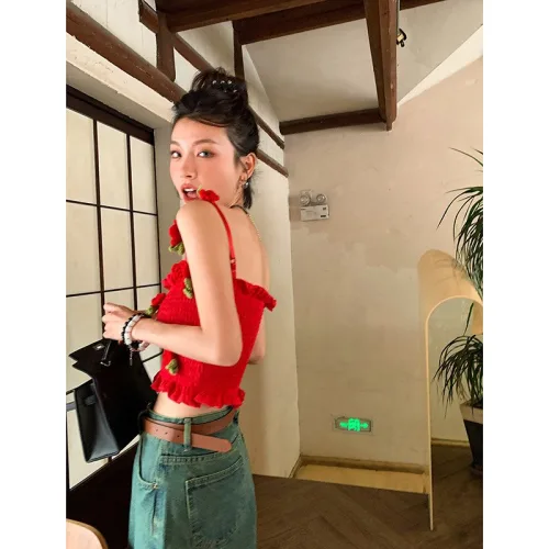 DULA 로즈 플라워 스모크 밴딩 끈나시 캐미솔 민소매 슬림핏