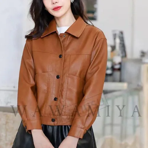 고급 여성 캐주얼 패션 가죽 재킷  봄 가을 크롭 자켓 데일리룩 바람막이 방수 방품 아우터 코트 상의 WAWAMIYA