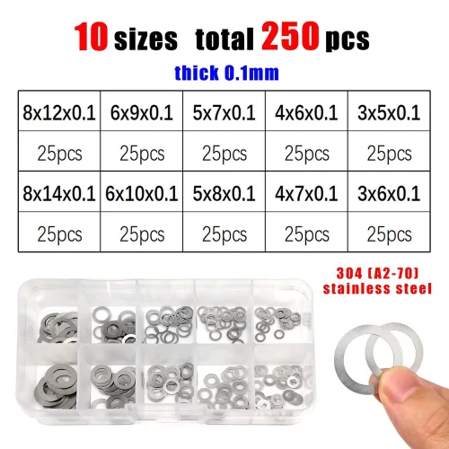 1박스 초박형 조절 심 와셔 믹스 사이즈 0 1mm 2mm 3mm M3 ~ M20 플랫 가스켓 키트 세트 304 스테인리스 스틸