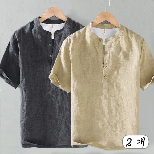 YLEMI 1+1 남성 린넨셔츠 무지 빈티지 면마 반팔티 2장 세트