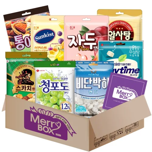 캔디 8종 선물세트1호(청포도+복숭아+스카치+애니타임+썬키스트+알사탕+자두맛+통아몬드)+메세지카드, 1박스, 90g