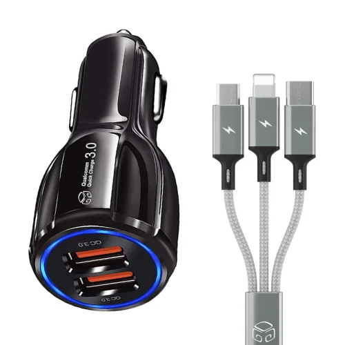 디지지 차량용 35W 2포트 고속 충전기 + 스카이 메타 멀티 케이블 1.2m, D21-0809, DGG-530, 블랙(충전기), 메탈실버(충전 케이블)