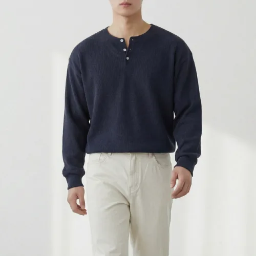 더베이직샵 남성용 스판 오버핏 골지 헨리넥 라운드 긴팔 니트