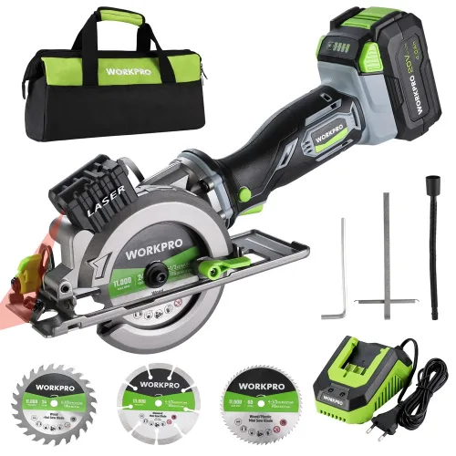 WORKPRO 20V 무선 미니 원형 톱 4500RPM 충전식 절단기 ,전기톱 ,목공용, 블레이드 115MM 호환, 1세트