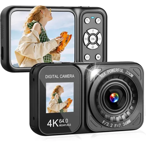 BiiYou 디지털 카메라 6400W 픽셀 하이엔드 카메라 앞뒤 듀얼 스크린 4K 비디오 디카+64G 메모리카드 한국어 설명서, CV03