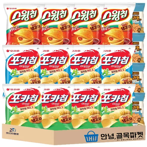 인기 혼합 감자 과자 소형 16입 세트 ( 오리온 포카칩 오리지널 / 어니언 + 스윙칩 + 안녕 소라과자 ) 미니 스낵 2호, 16개, 봉지과자