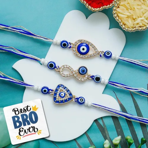 eCraftIndia Set of 3 Evil Eye Designer Rakhi with Fridge Magnet and Roli Chawal Rakshabandhan Gift