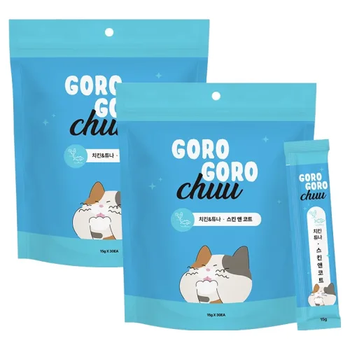 gorogoro 고양이 츄 치킨 튜나 스킨 앤 코트 짜먹는 간식 30p, 450g, 2개, 혼합맛(닭가슴살/참치)