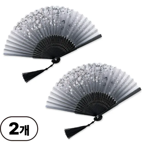 마로아 비단결 접이식 대나무 전통 부채 실크, 2개, 흑나비