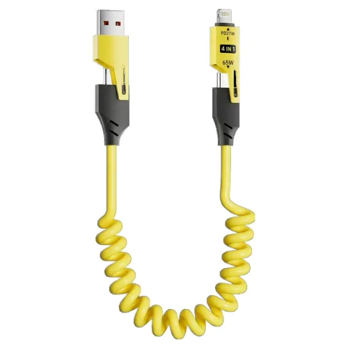 코슬라 65W+27W PD 4 in 1 차량용 스프링 충전 데이터 케이블, 옐로우, 1개, 1.5m