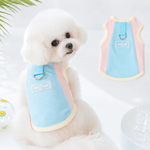 강아지 여름 쿨링 조끼 메쉬 민소매 옷 D링 산책 조끼 소형견 자외선 차단 옷 강아지 링옷 강아지 얼음조끼, 1개, 마카롱 블루핑크