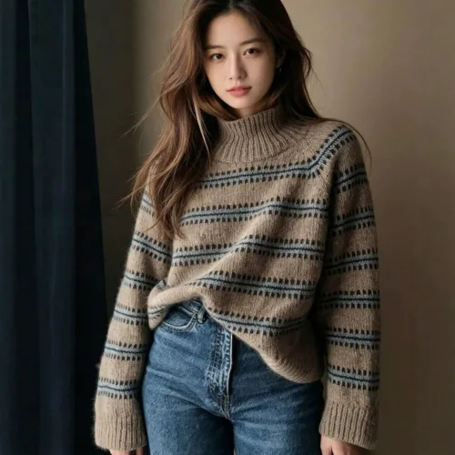 가을겨울 간절기 여성 빈티지 오버핏 하프넥 스트라이프 니트