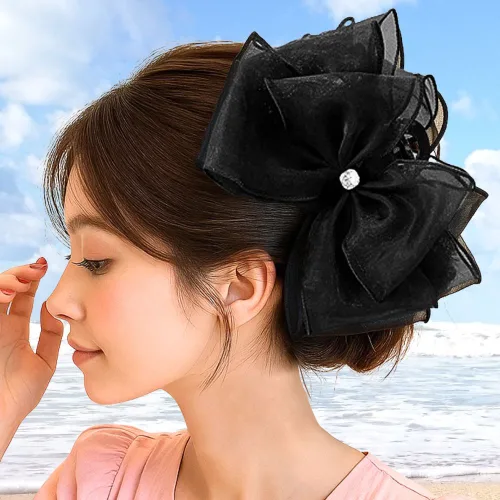 글렌 쉬폰 왕리본 빅사이즈 집게핀 대형 올림머리 반묶음 머리핀