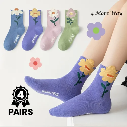 4MOREWAY 봄 선착 플라워 양말 4색 세트 | 컬러풀 꽃무늬 양말