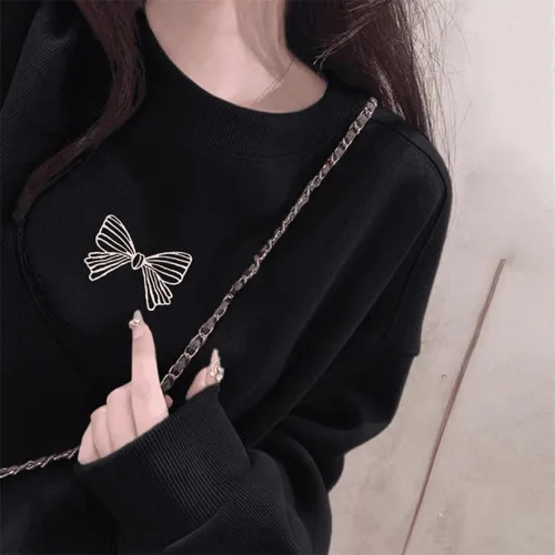 HAREN 여성용 라운드넥 나비 리본 프린트 캐주얼 루즈핏 맨투맨 데일리 봄 가을 기본