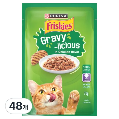 프리스키 고양이 퓨리나 그레이비 치킨 주식 습식 파우치, 닭, 70g, 48개