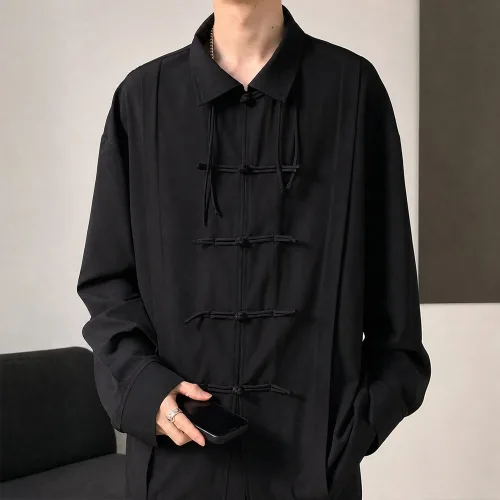 남성 전통 매듭 단추 롱슬리브 셔츠 블랙 오버핏 신한복 캐주얼 셔츠