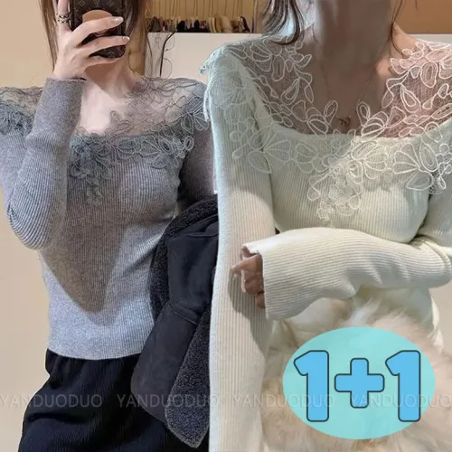 1+1 럭셔리 레이스 이너셔츠 여성용 가을 겨울 이너웨어 심플 캐주얼 슬림 긴팔티 상의 D11U