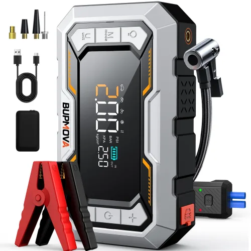 BUPMOVA 올인원 자동차 점프스타터 150PSI 공기압 주입기 대용량 보조배터리 스마트 점프 케이블 EVA 보관백, 12400mAh, 1개
