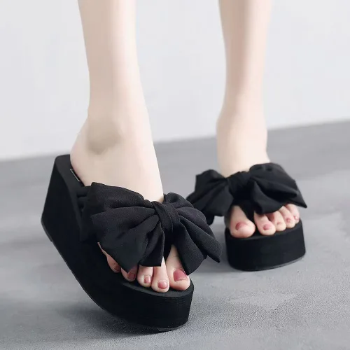 오로라 여성 키높이 왕리본 통굽 쪼리 슬리퍼