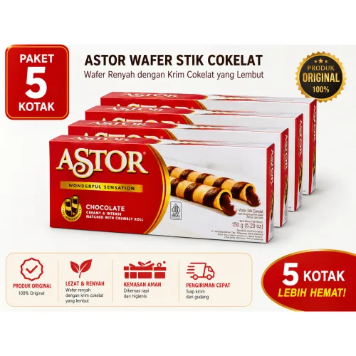 Astor Wafer Stik Cokelat 5 Kotak Paket Hemat, 1세트, 750g