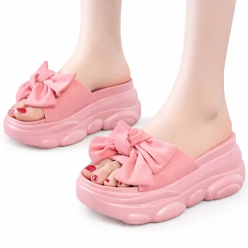 차쿠 통굽 슬리퍼 키높이 리본 굽있는 플랫폼 여자 여름 발편한 푹신한 쿠션 (8cm) B004