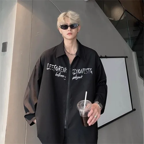 Vezri 남성용 봄가을 스트리트 스타일 긴팔 셔츠 레터링 프린트 지퍼 디자인 상의 Add