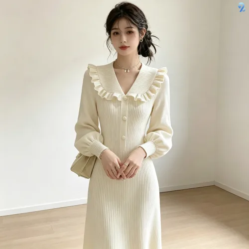 708090 여성용 러플칼라 브이넥 니트 롱 원피스