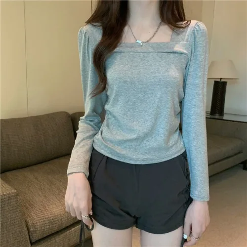 디멜디 여성용 스퀘어넥 빈티지룩 긴팔 티셔츠