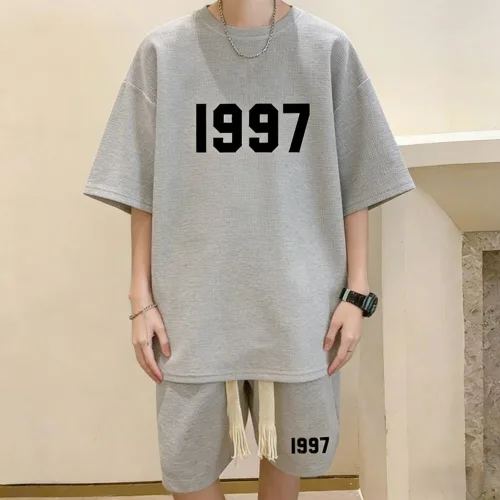 2026 여름 루즈핏 빅사이즈 남성용 심플한 숫자 패턴 반팔 티셔츠 밴딩 허리 반바지 캐주얼 스포츠 세트