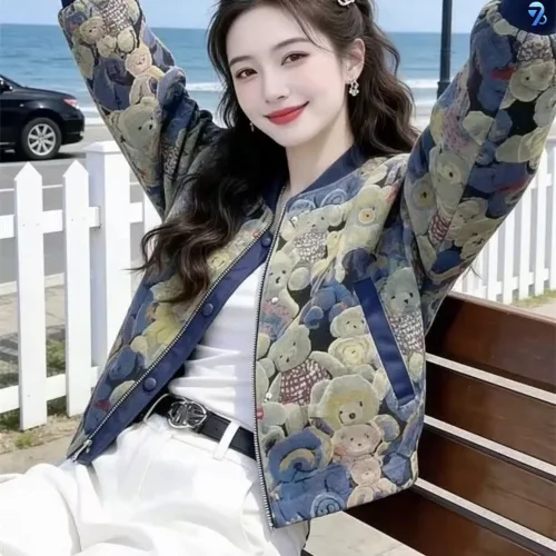 708090 여성용 패턴 프린트 숏 베이스볼 자켓