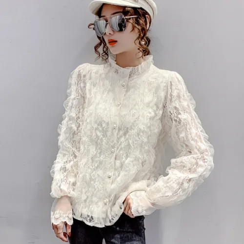 루나걸 여성용 프티 레이스 하이넥 블라우스 L24FBL081613
