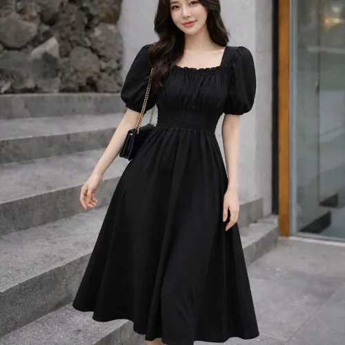 제이네오 스퀘어넥 퍼프 롱 원피스 봄 여름 반팔 플리츠 하객룩
