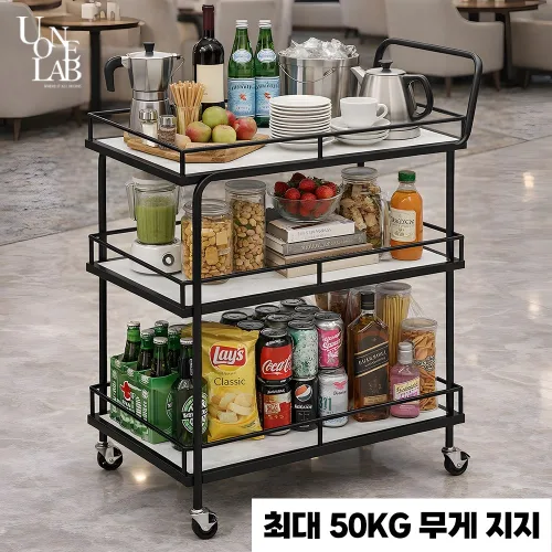호텔카트 고급 트롤리 웨건 카페 레스토랑 3단 골드 블랙, 1개, 04. M사이즈 블랙프레임 + 화이트상판