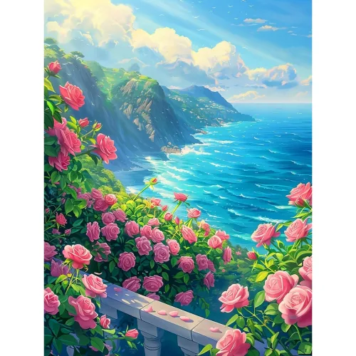 풍경보석십자수 바다와 핑크 장미꽃 3D 사각비즈 대형 다이아몬드페인팅 diy 대형 구슬십자수 행운 거실 인테리어 그림 집에서취미