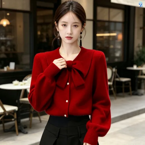 708090 여성용 리본 넓은 가디건 단추 데일리 아우터